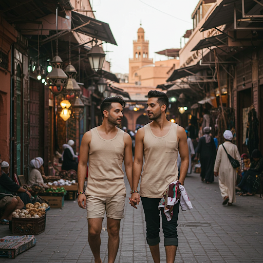 LGBTQ+ two men couple dressed with tank tops in marrakech